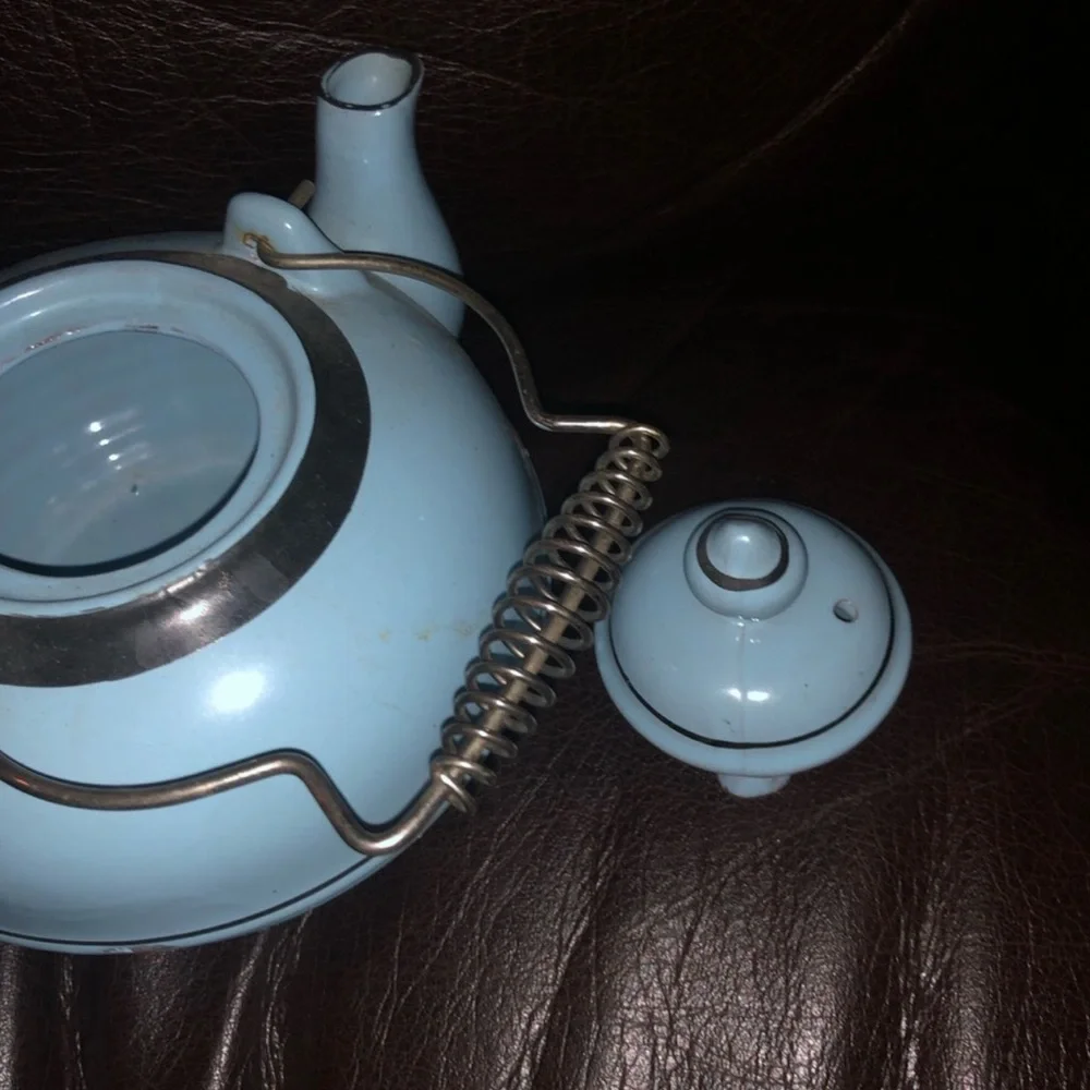 - Vintage Redware Pottery Tea Pot with Wire Handle, old baby blue kitchen teapot